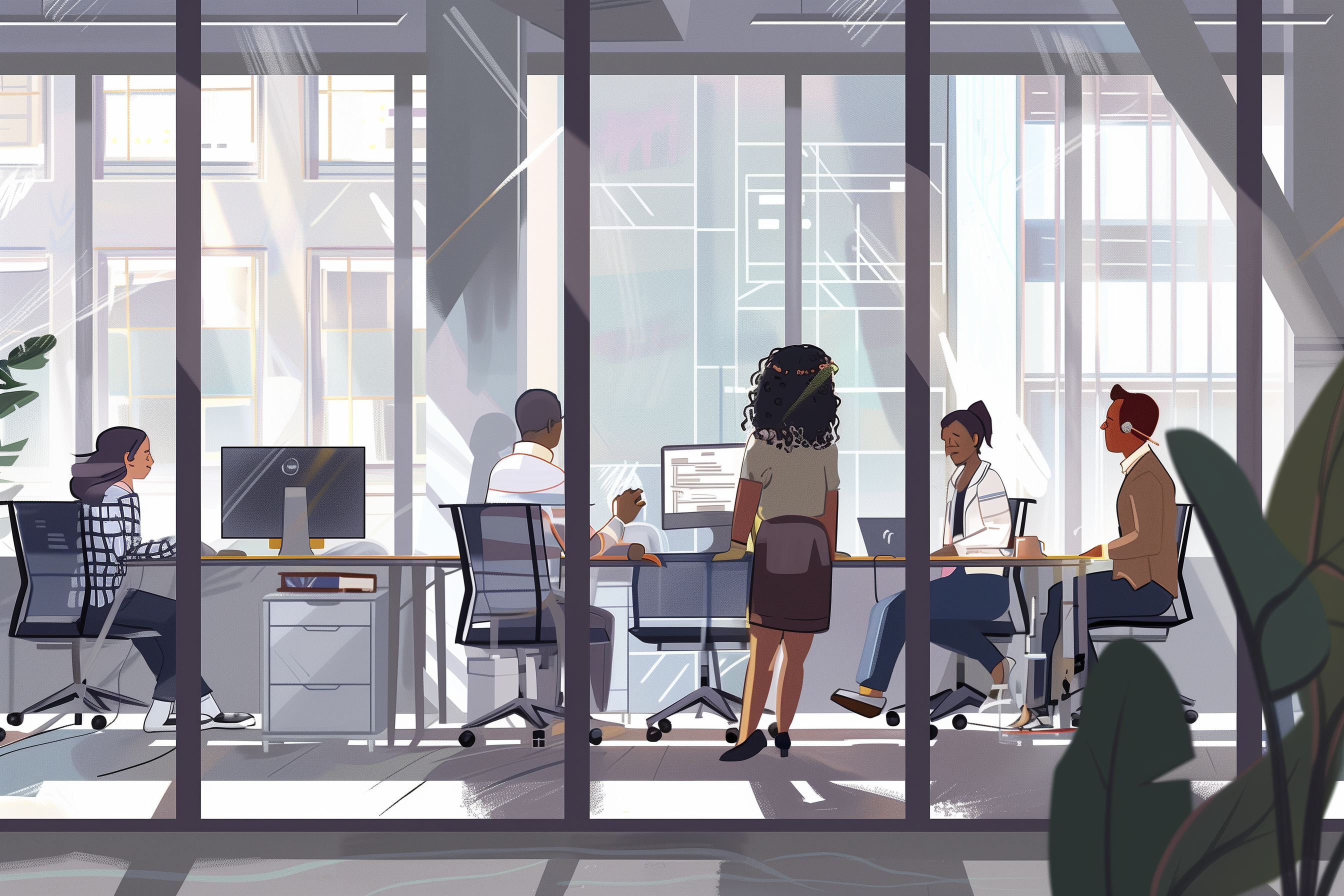 Illustration of Office setting with employees working together near computers